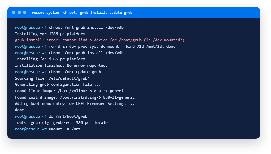 chroot: ошибка без /dev, затем grub-install и update-grub