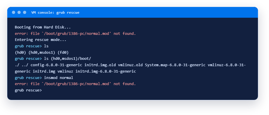 VM console: grub rescue after /boot/grub was deleted