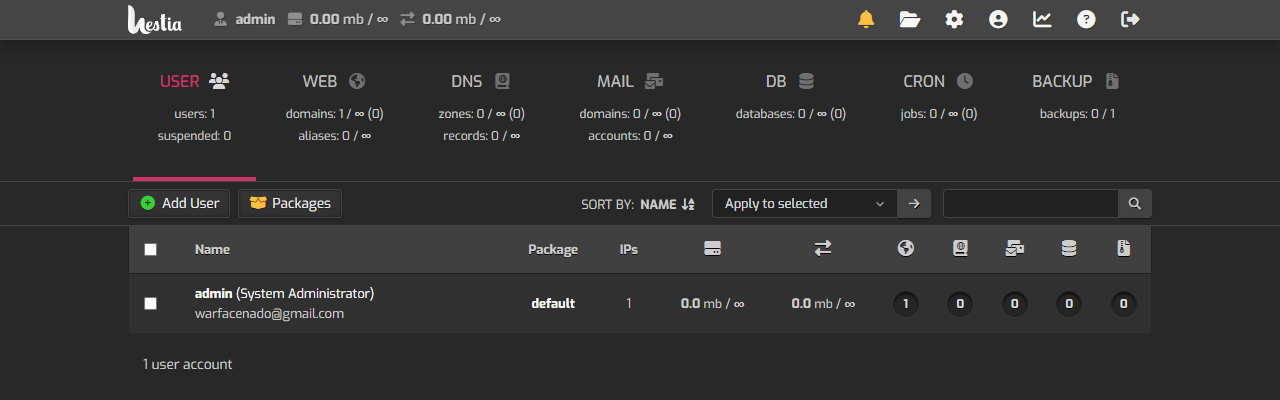 The HestiaCP main screen after login: the user list and the USER, WEB, DNS, MAIL, DB, CRON, BACKUP sections