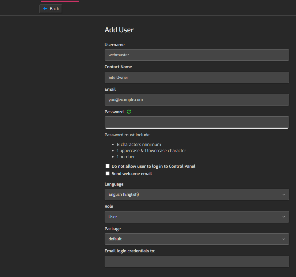 The Add User form in HestiaCP: username, contact name, email, password, role and package