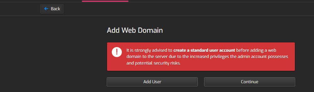 HestiaCP warning: create a standard user before adding a web domain, do not host sites under admin