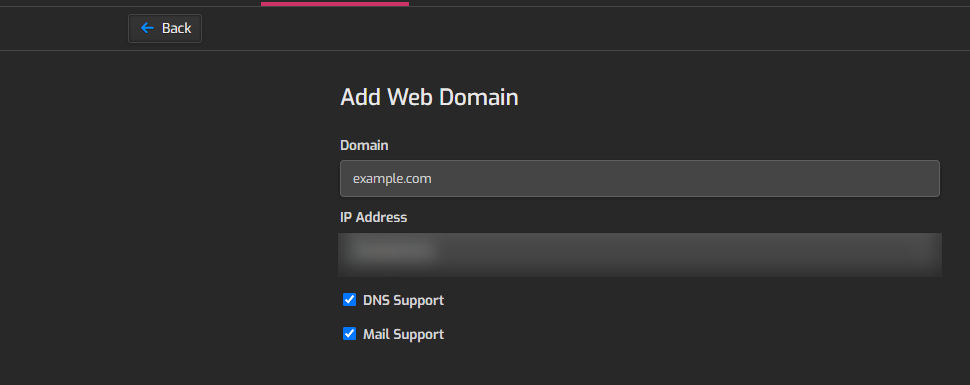 The Add Web Domain form in HestiaCP: the domain field and the DNS Support and Mail Support checkboxes