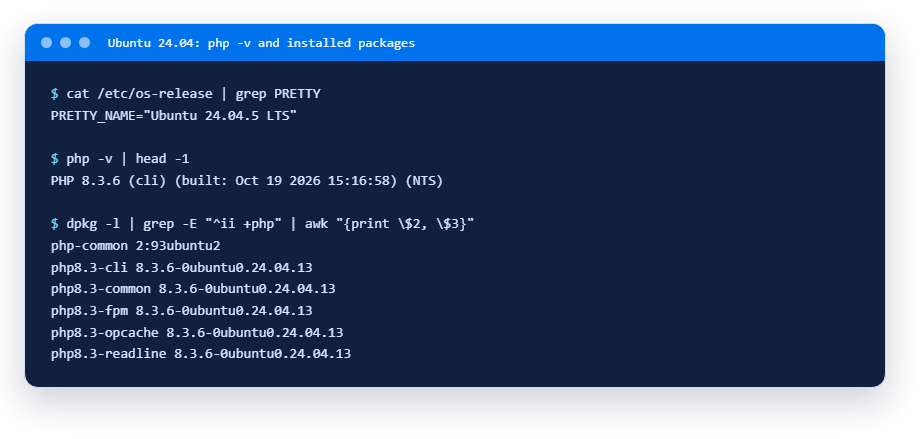 Ubuntu 24.04: php -v и установленные пакеты PHP