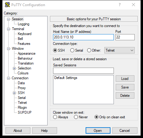 PuTTY: Host Name с IP-адресом, порт 22, тип SSH