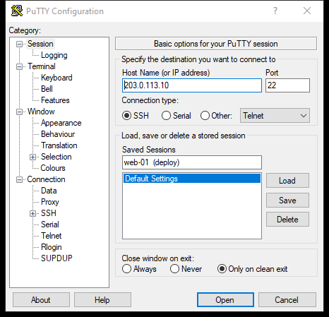 PuTTY: сохранение профиля в Saved Sessions