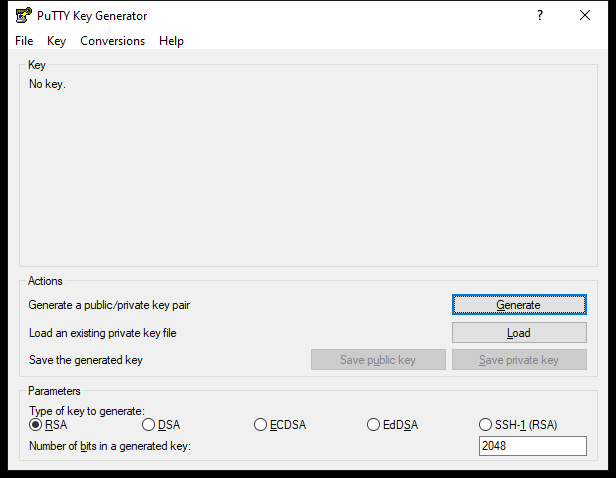 PuTTYgen: выбор типа ключа и кнопка Generate