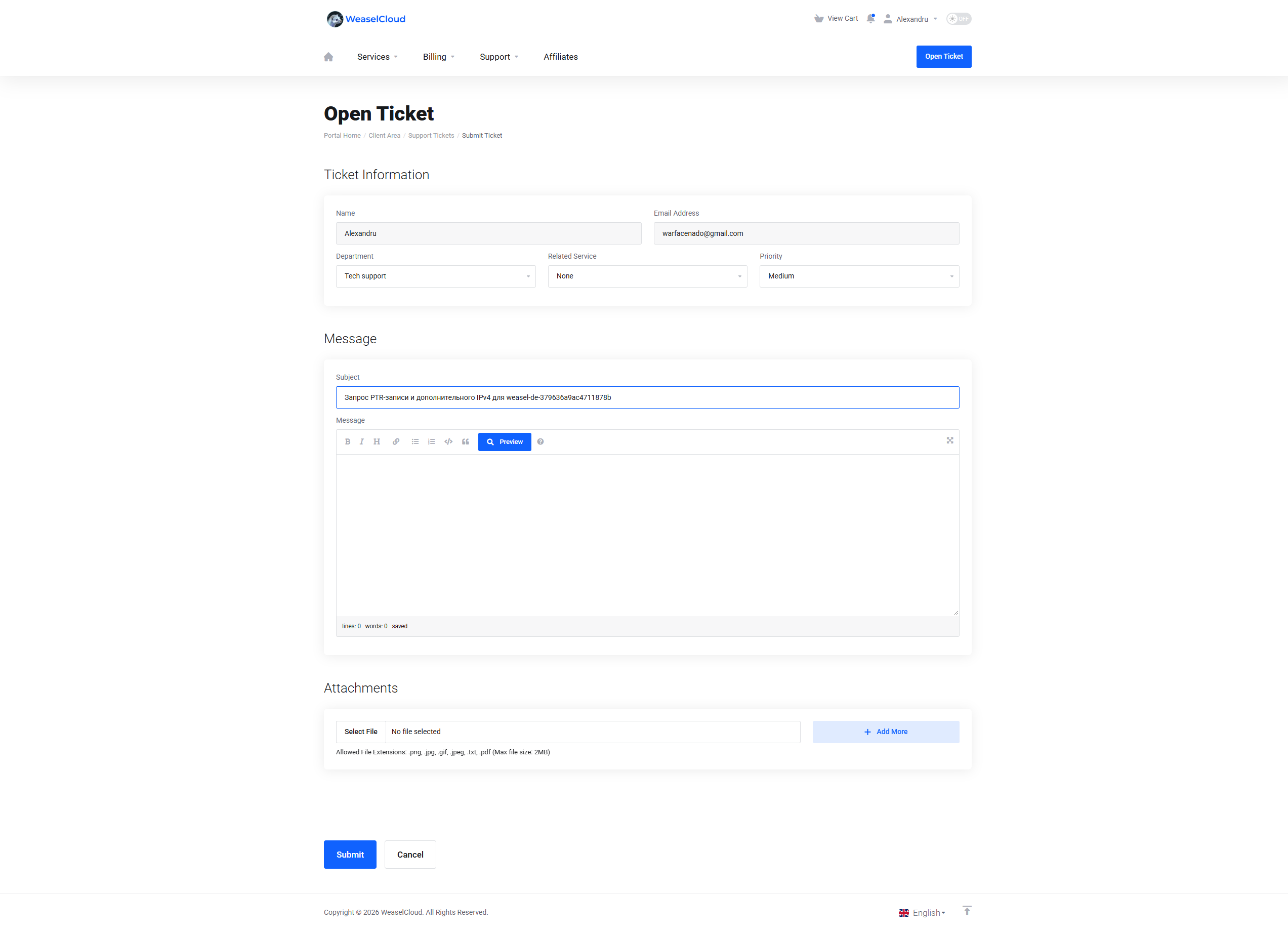 Opening a support ticket in WeaselCloud to request a PTR record or an extra IPv4