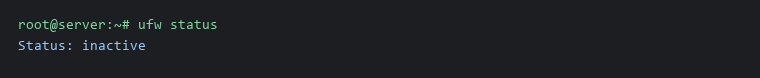 Terminal: ufw status on a fresh server shows Status: inactive