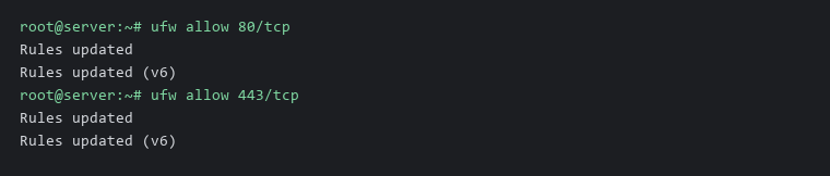 Terminal: ufw allow 80/tcp and 443/tcp open the web server ports
