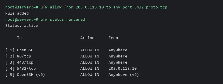 Terminal: an ufw allow from IP to any port 5432 rule opens the port to one address only