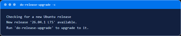 Output of do-release-upgrade -c: new release 26.04.1 LTS available