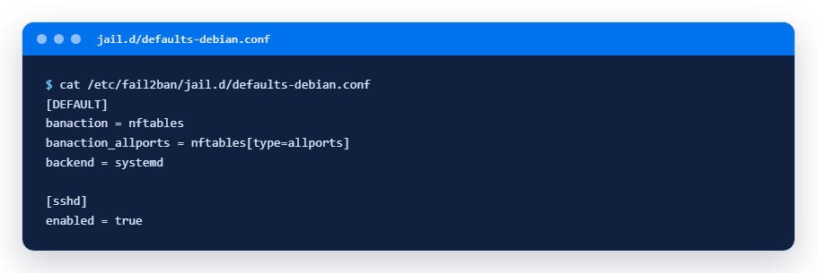 Содержимое defaults-debian.conf: nftables, systemd и включённая защита sshd