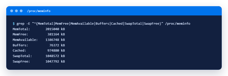 Lines of /proc/meminfo: MemFree, MemAvailable, Buffers, Cached and swap