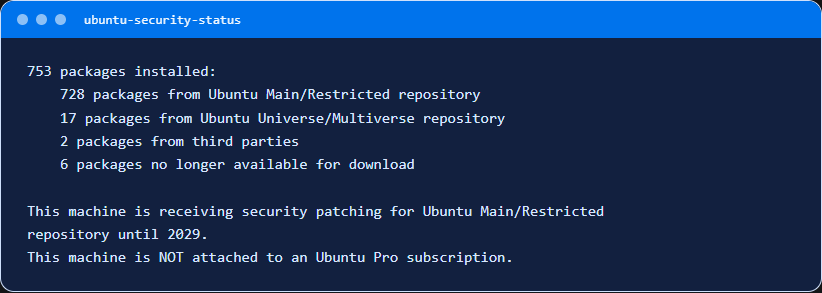 Output of ubuntu-security-status: security patching until 2029, no Ubuntu Pro subscription attached