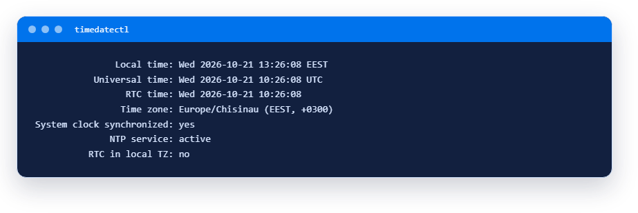 timedatectl output: time zone, UTC and synchronization state
