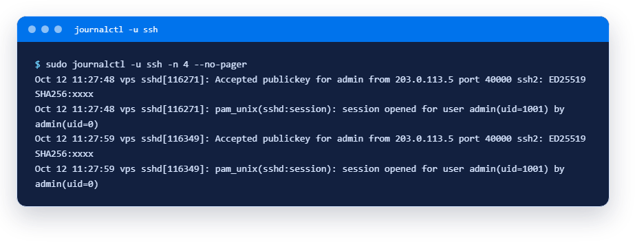Журнал службы ssh: успешные входы по ключу