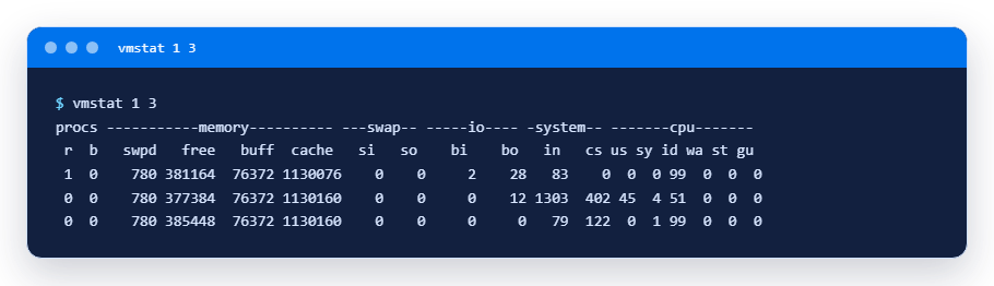 Вывод vmstat 1 3: столбцы si и so равны нулю